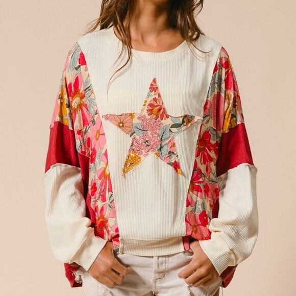 POL Tops - ◇ BiBi Graphic Star Patch Baggy Shirt ColorBlock Detail